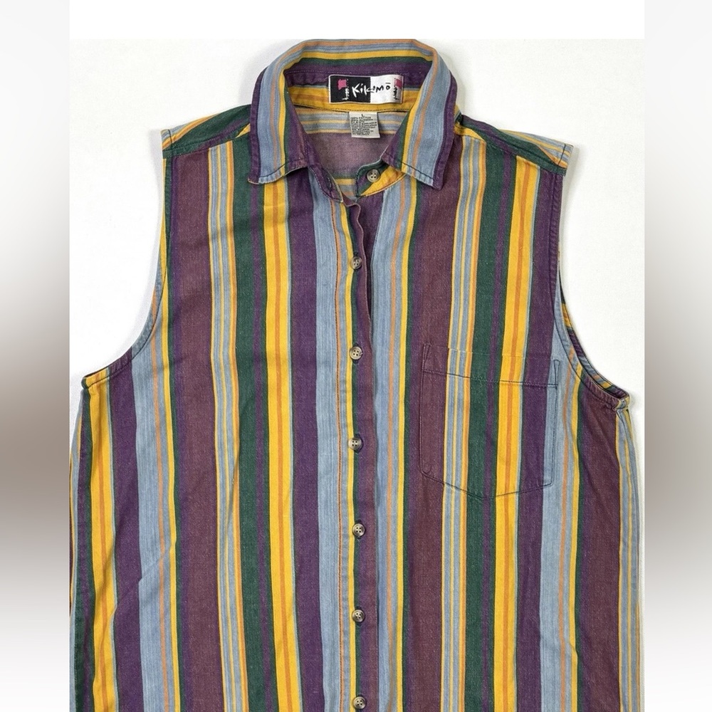 Vintage Kikomo Sleeveless Shirt Women’s Large Button Up Striped Purple Orange - Picture 7 of 8